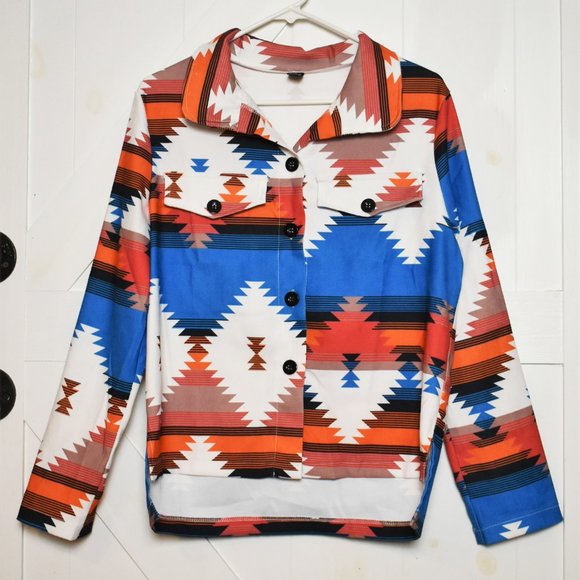 SHEIN Aztec print jacket coat long sleeve collared button up blue orange size S - Picture 1 of 4